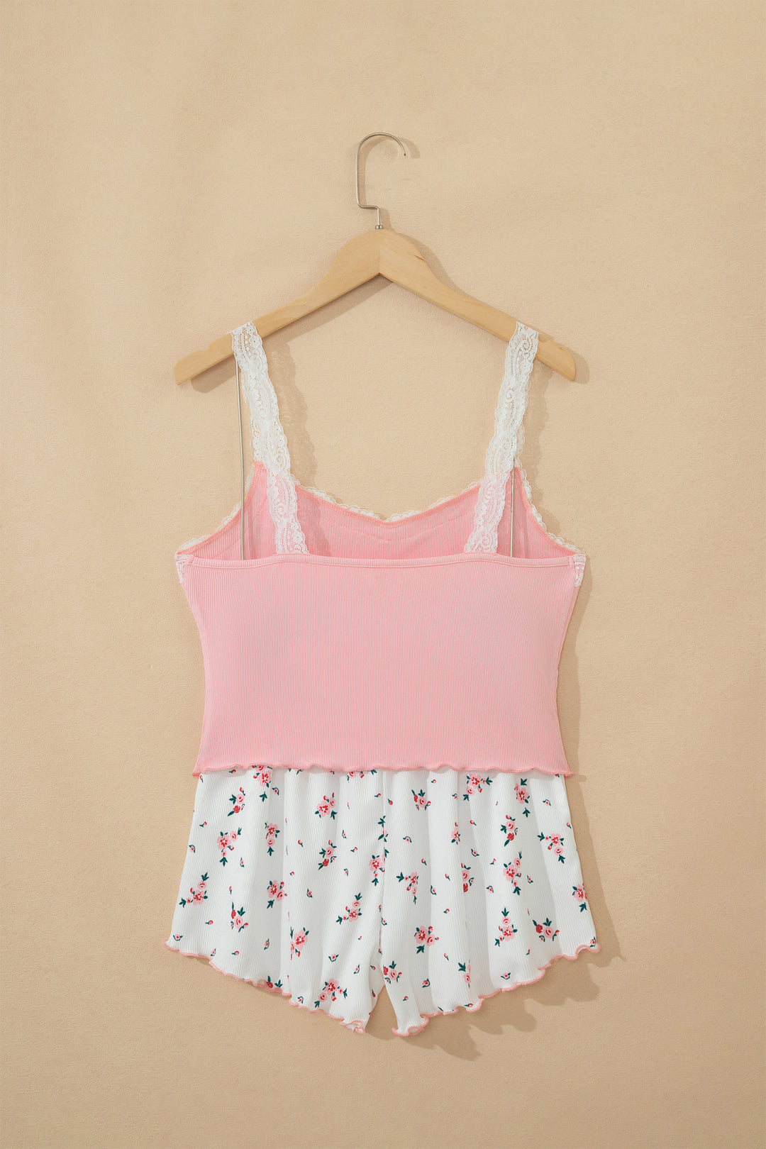 Pink Ribbed Knit Lace Straps Patchwork Lettuce Hem Cropped Top Floral Short Lounge Set Dear-Lover Dropshipping