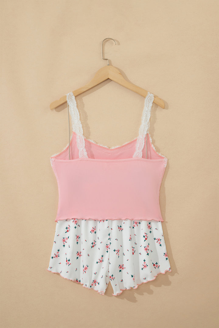 Pink Ribbed Knit Lace Straps Patchwork Lettuce Hem Cropped Top Floral Short Lounge Set Dear-Lover Dropshipping