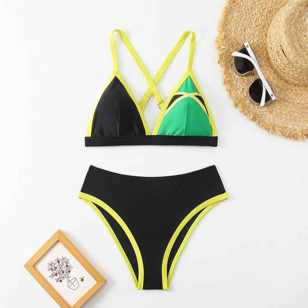 Women's Color Block Triangle Bikini Set, Crisscross Back Top & High Waist Bottom, 2 Piece Sporty Swimsuit