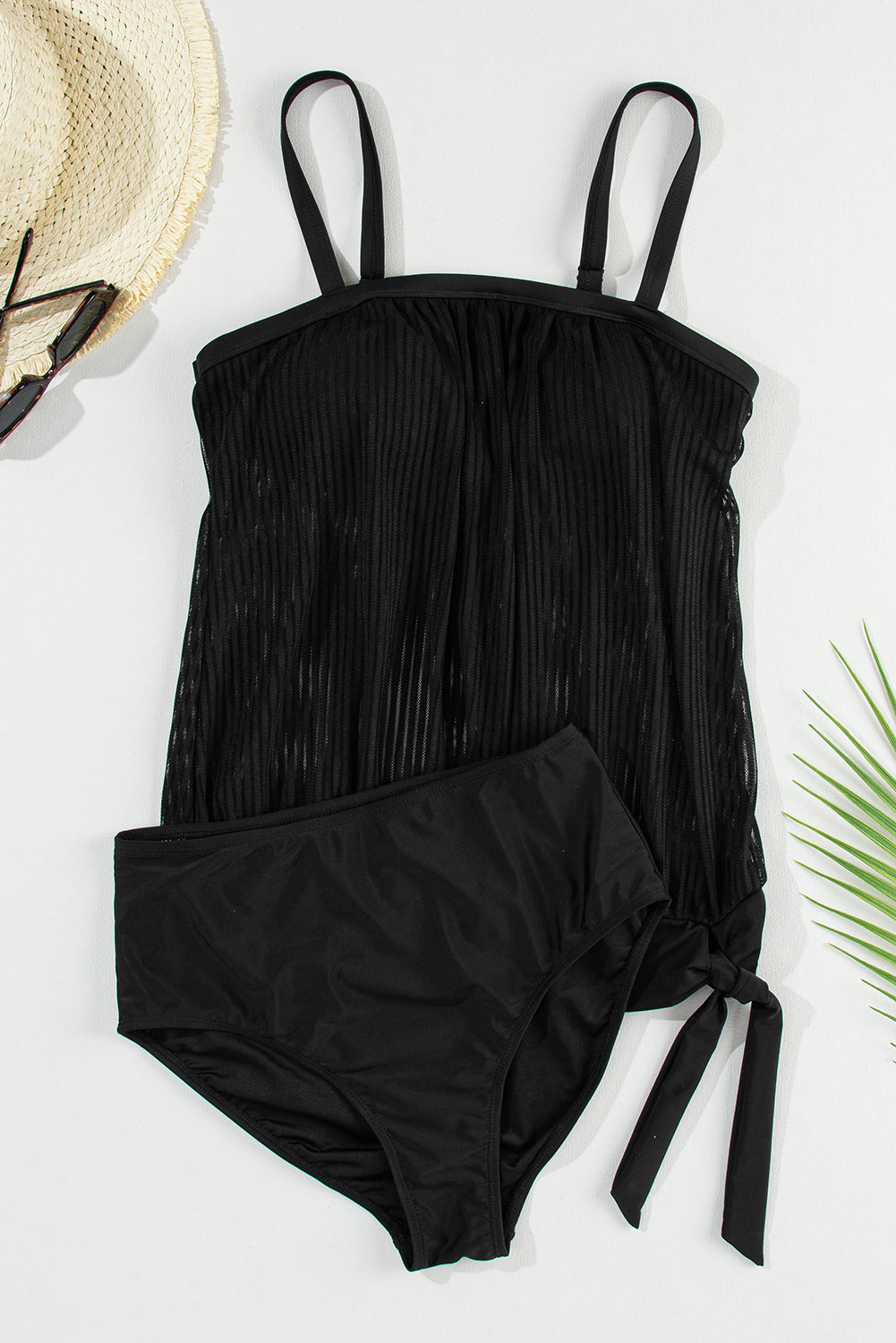 Black Striped Mesh Knotted Hem Tankini Swimsuit Dear-Lover Dropshipping