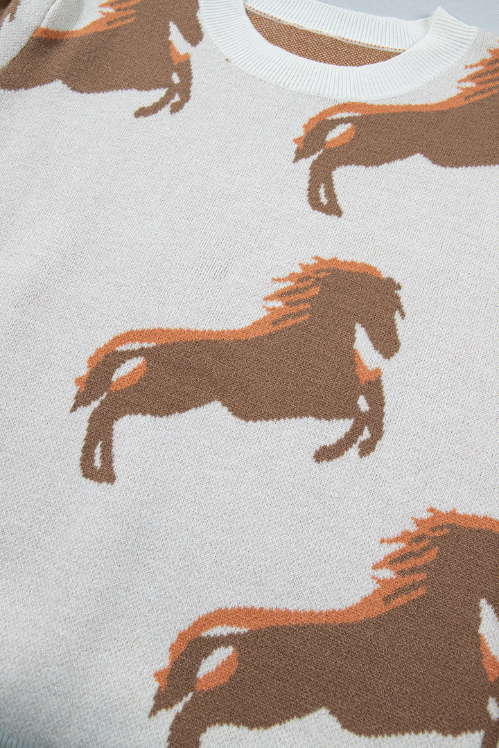 White Western Horse Printed Short Puff Sleeve Sweater Dear-Lover Dropshipping