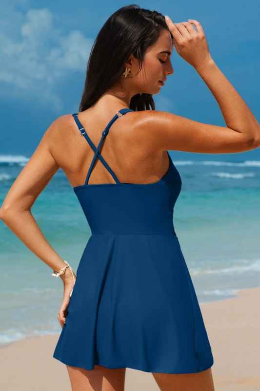Solid Crossed Straps One Piece Swim Dress