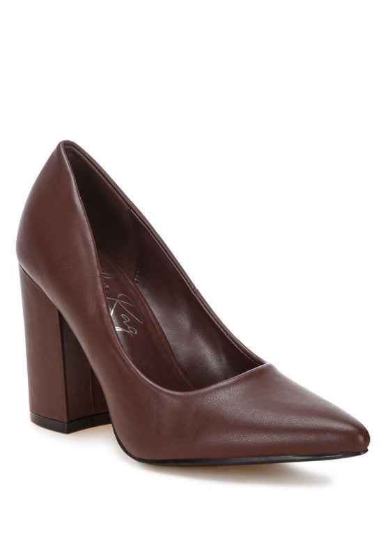 ZHURI Faux Leather Solid Block Heel Pumps