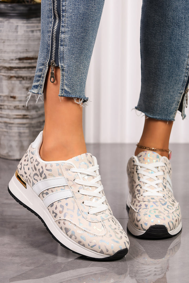 White Leopard Print Lace-Up Low-Top Sneakers with Rubber Sole Dear-Lover Dropshipping
