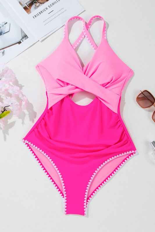 Colorblock Ric-Rac Trim Cutout Swimsuit