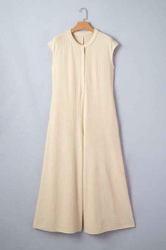 Ribbed Knit Half Buttoned Wide Leg Jumpsuit