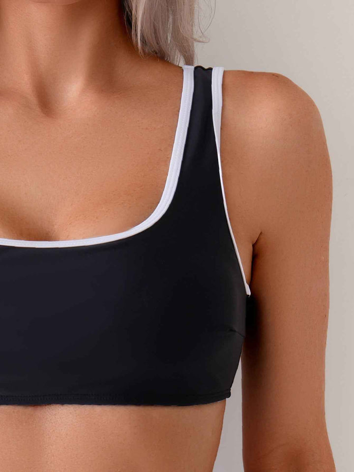 Women's Sporty Black Bikini Set, Square Neck Tank Top With White Contrast Trim & Mid Rise Bottom, 2 Piece SwimsuiT