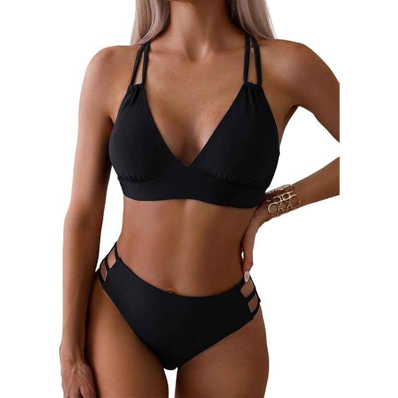 Women's Black Double Strap Bikini Set, Plunge V-Neck Top & High Waist Side Cutout Bottom, 2 Piece Swimsuit