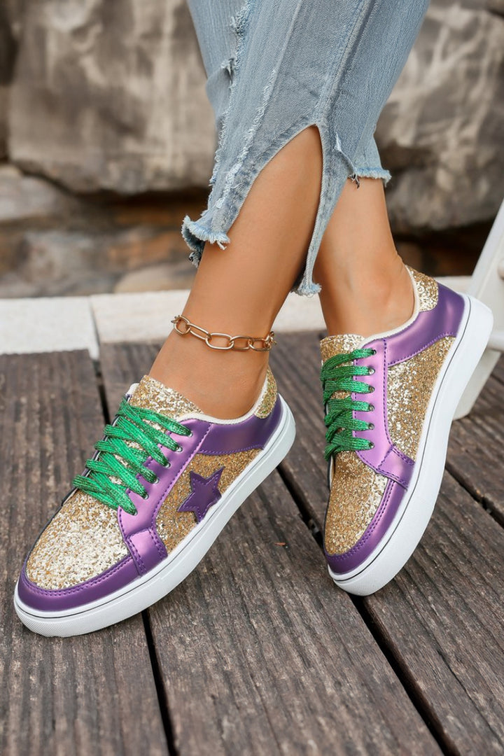Tillandsia Purple Dearlove Glitter Star Patchwork PU Leather Lace-up Sneakers Dear-Lover Dropshipping
