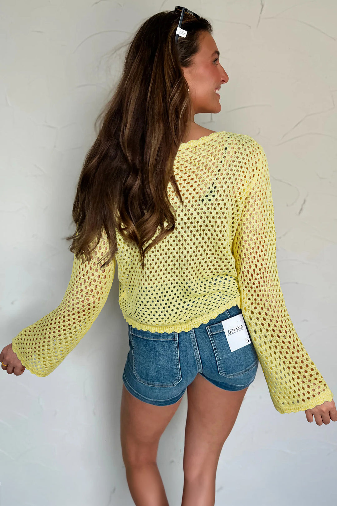 White Scalloped Trim Hollow Out Knit Long Sleeve Top Dear-Lover Dropshipping