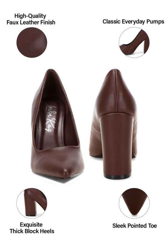 ZHURI Faux Leather Solid Block Heel Pumps