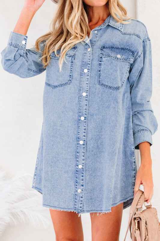 Solid Denim Chest Pocket Raw Hem Shirt Dress