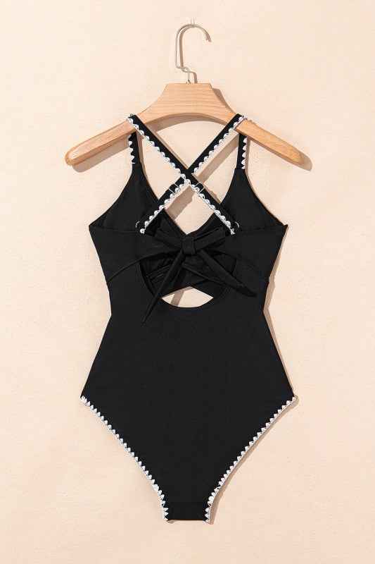 Colorblock Ric-Rac Trim Cutout Swimsuit