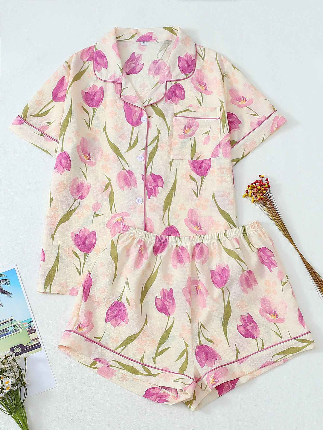 Purple Chrysanthemum Pleated Pajamas for Women, Bubble Crepe Sleepwear