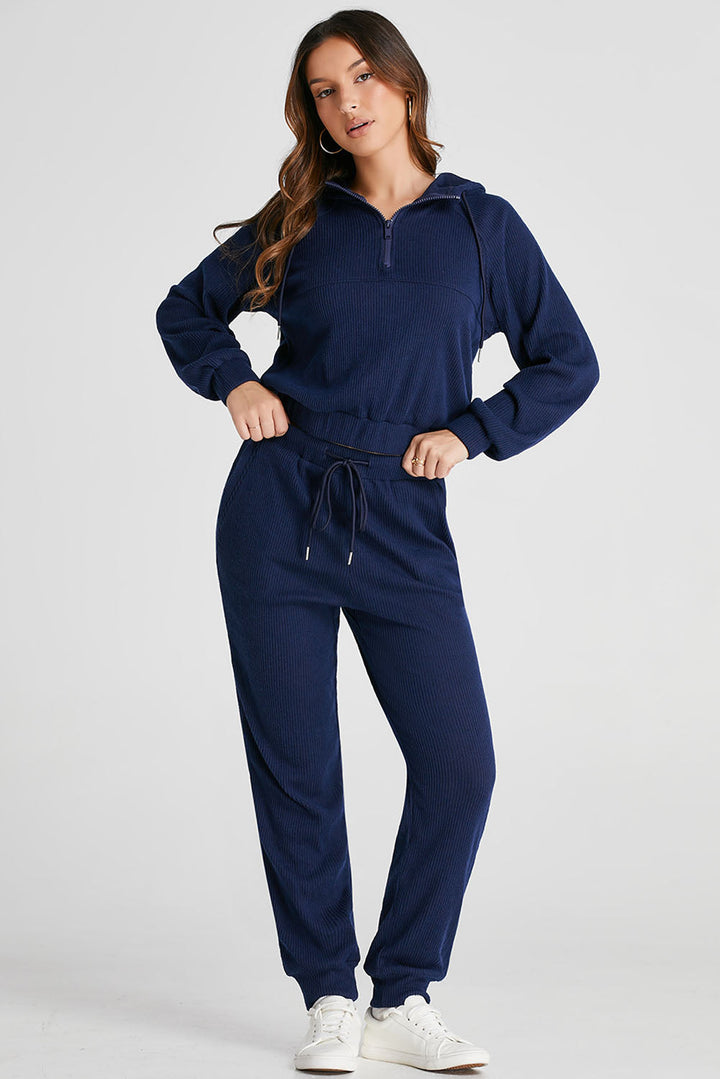 Navy Blue Ribbed Knit Cropped Hoodie and Drawstring Joggers Set Dear-Lover Dropshipping