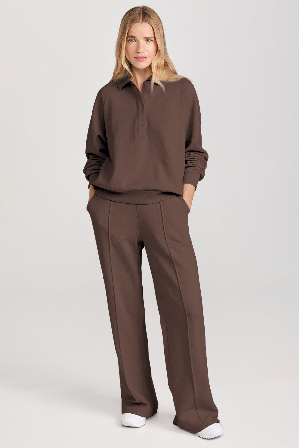 Dark Brown Solid Collared Sweatshirt and High Waist Pants Active Set Dear-Lover Dropshipping