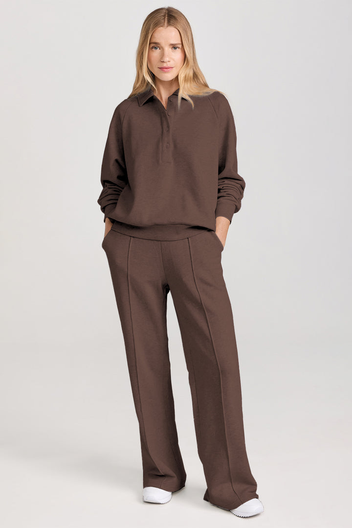 Dark Brown Solid Collared Sweatshirt and High Waist Pants Active Set Dear-Lover Dropshipping