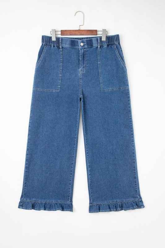 Plus Size Denim Elastic Waist Wide Leg Pants
