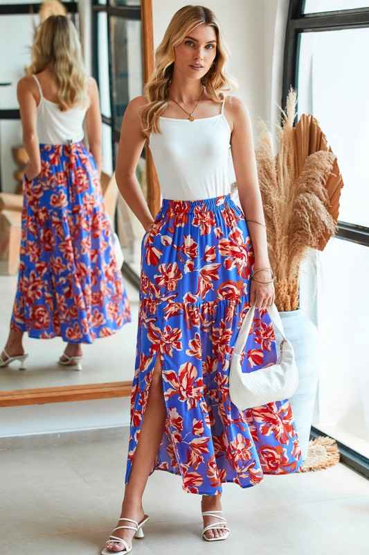Boho Floral Tiered Side Slit Maxi Skirt