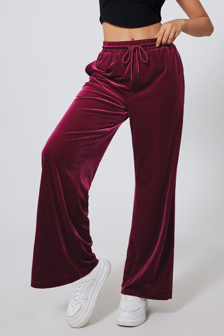 Burgundy Solid Drawstring Waist Wide Leg Pants Dear-Lover Dropshipping