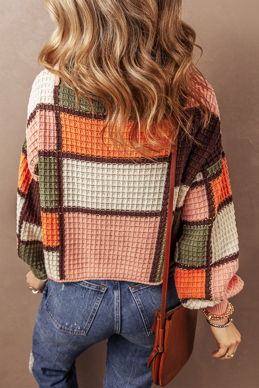 Orange Color Block Waffle Knit Drawstring Mock Neck Sweater Dear-Lover Dropshipping