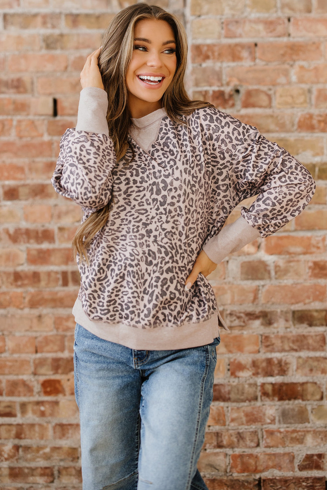Khaki Leopard Print Patchwork Crew Neck Sweatshirt Dear-Lover Dropshipping