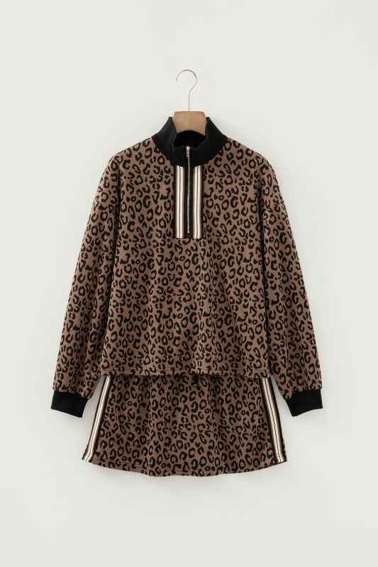 Leopard Quarter Zip Top & Mini Skirt Set