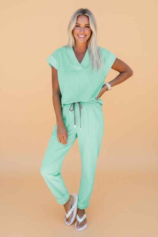 Solid V-Neck Tee & Drawstring Pants Set