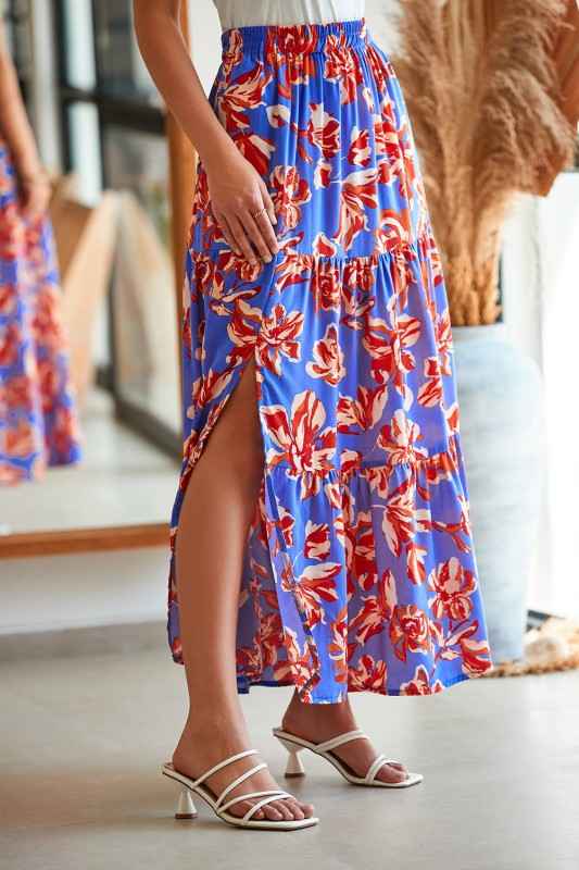 Boho Floral Tiered Side Slit Maxi Skirt
