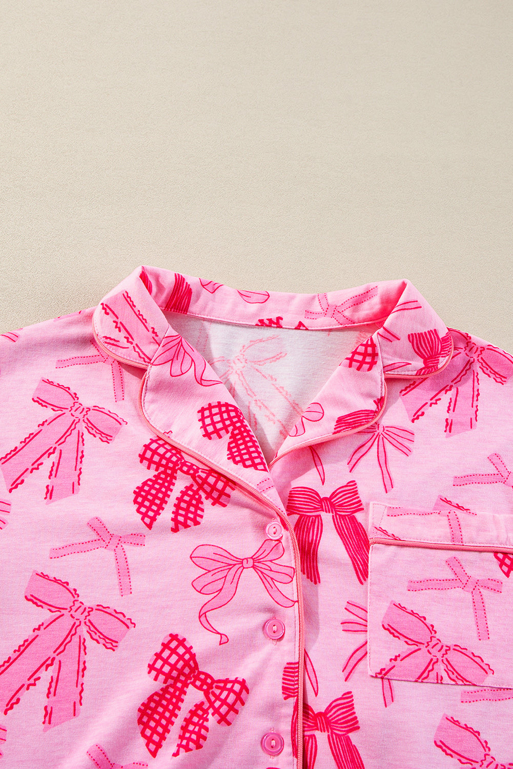 Pink Bow Knot Print Lapel Collar Short Sleeve and Pants Pajamas Set Dear-Lover Dropshipping