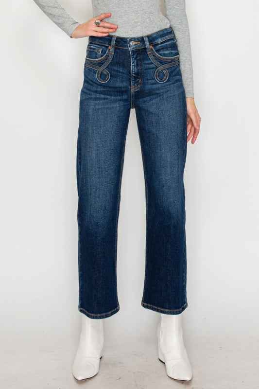 High Rise Ankle Straight Jeans - Western Detail De