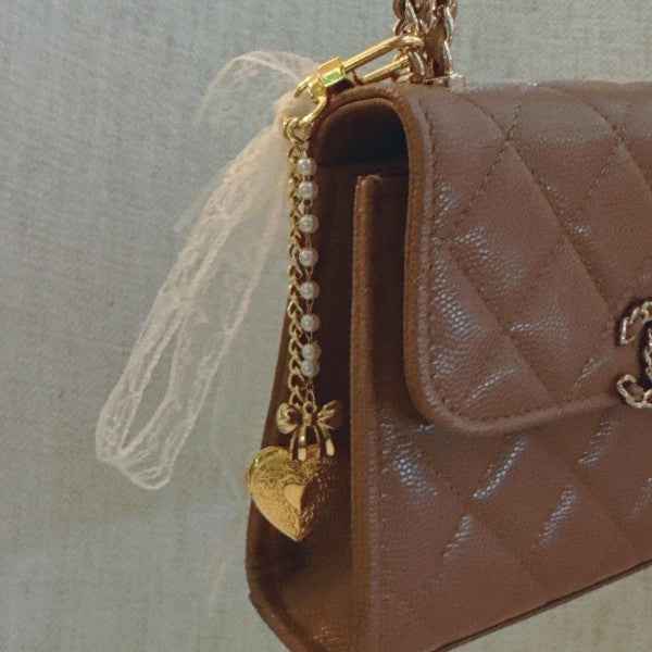 Lace & Love Heart Bag Charm  – White Bow with Gold