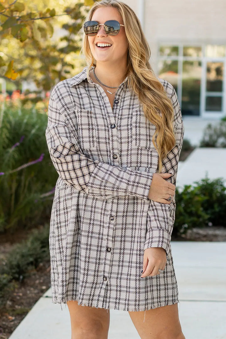 White Stripe Plus Size Plaid Buttoned Raw Hem Tunic Shirt Dress Dear-Lover Dropshipping