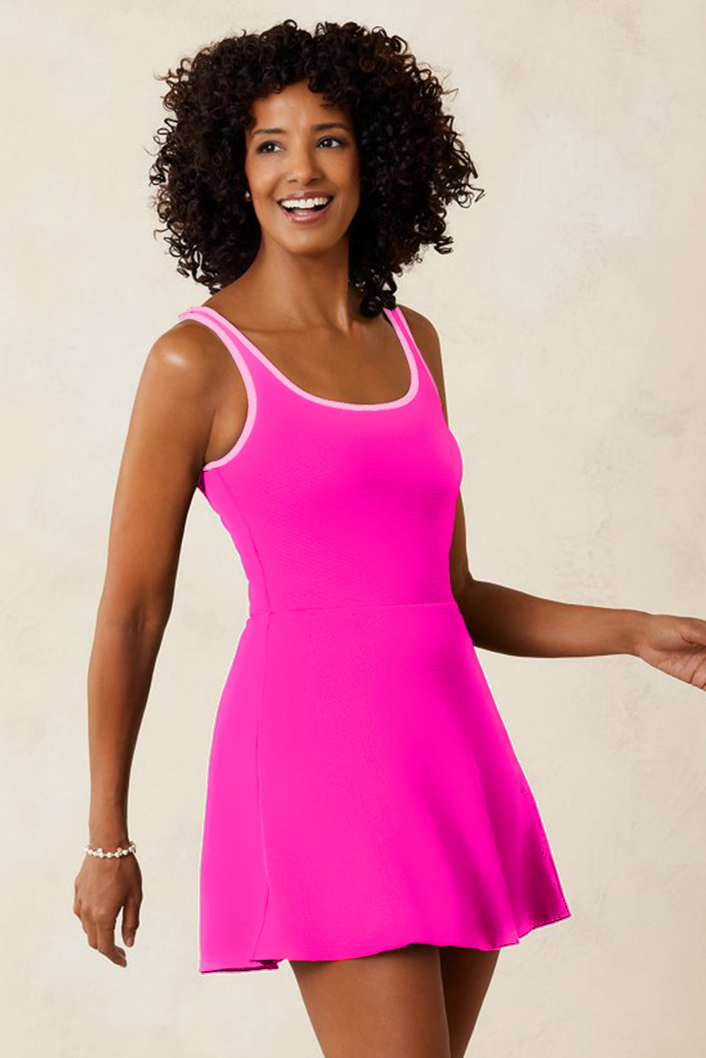 Rose Red Contrast Trim Neckline Active Shorts Attached One Piece Swim Dress Dear-Lover Dropshipping