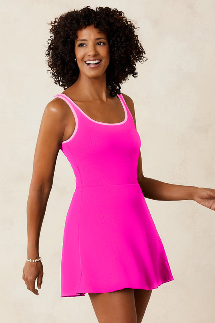 Rose Red Contrast Trim Neckline Active Shorts Attached One Piece Swim Dress Dear-Lover Dropshipping