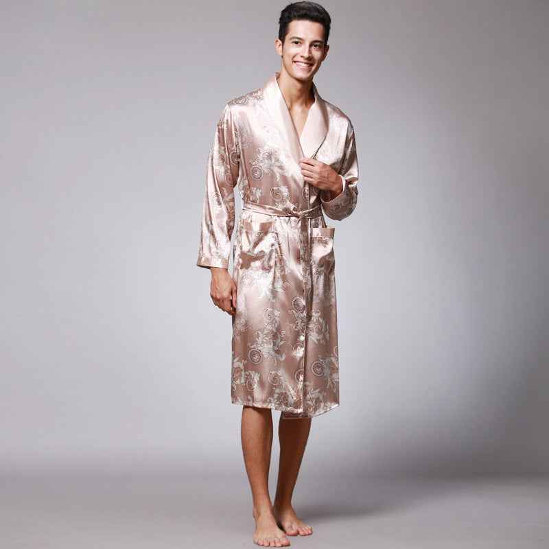 Nightgown Silk Ice Silk Men's Pajamas Men's Long Sleeve Nightgown Bathrobes Home Clothing