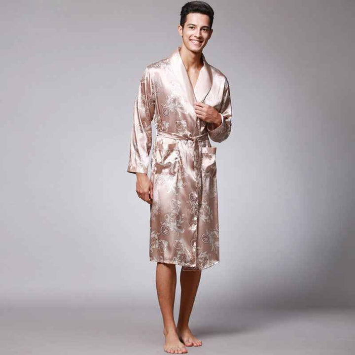 Nightgown Silk Ice Silk Men's Pajamas Men's Long Sleeve Nightgown Bathrobes Home Clothing