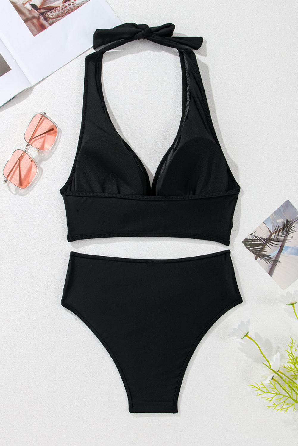 Black Sheer Mesh Edged Halter V Neck Push Up Bikini Dear-Lover Dropshipping