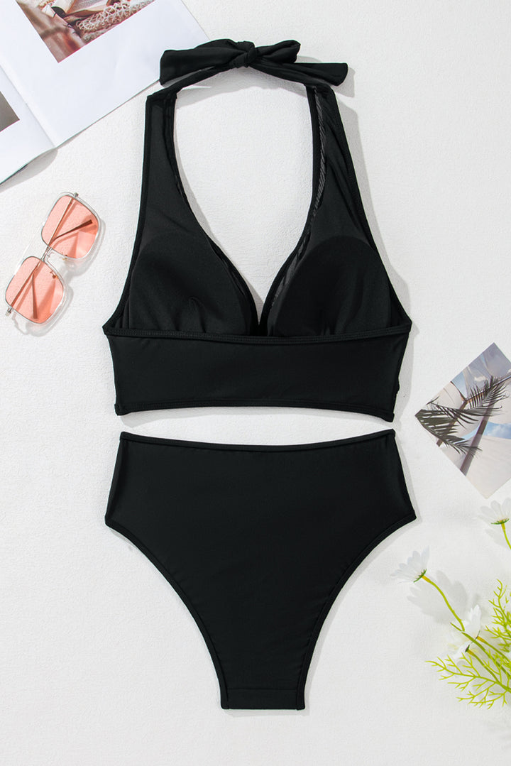 Black Sheer Mesh Edged Halter V Neck Push Up Bikini Dear-Lover Dropshipping