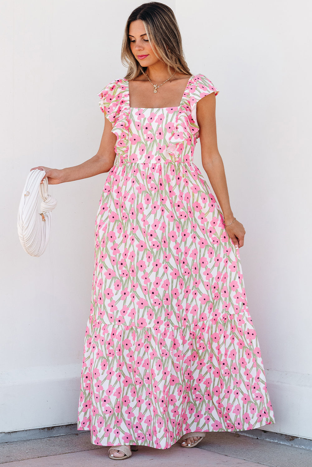 Pink Floral Print Square Neck Ruffled Strap Maxi Dress Dear-Lover Dropshipping