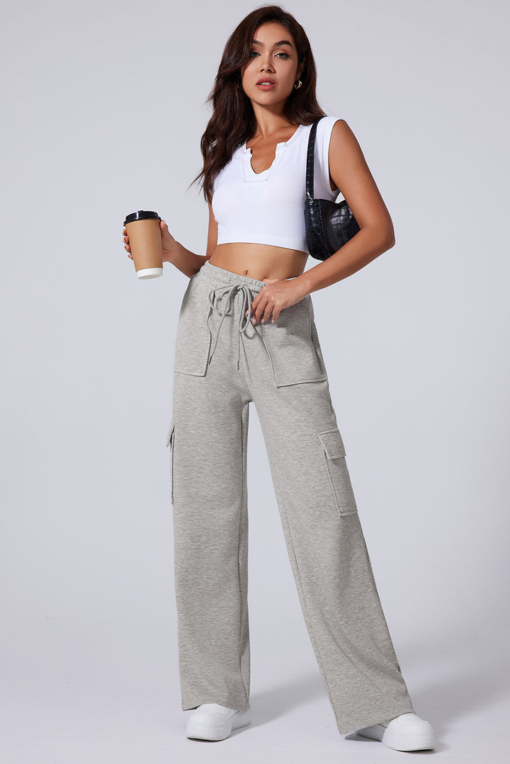 Light Grey Multi Pockets Lace-up High Waist Wide Leg Workout Pants Dear-Lover Dropshipping