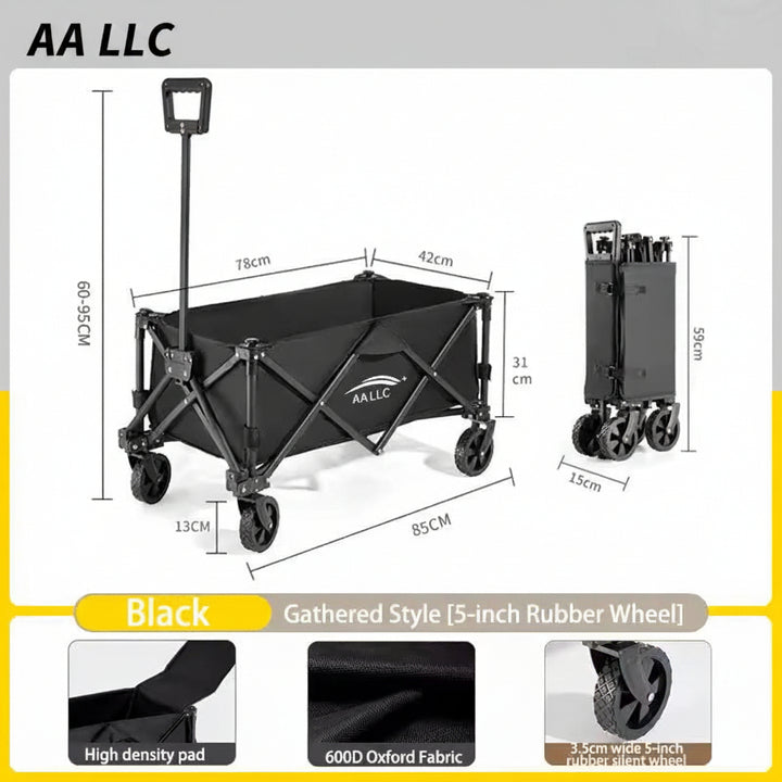 Black foldable utility wagon with dimension callouts and feature panels on a white background. The main wagon is shown gathered with the handle extended, alongside a smaller view of the folded wagon.