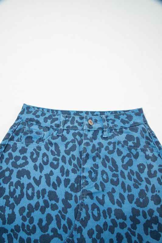 Leopard Denim Frayed Hem Midi Skirt