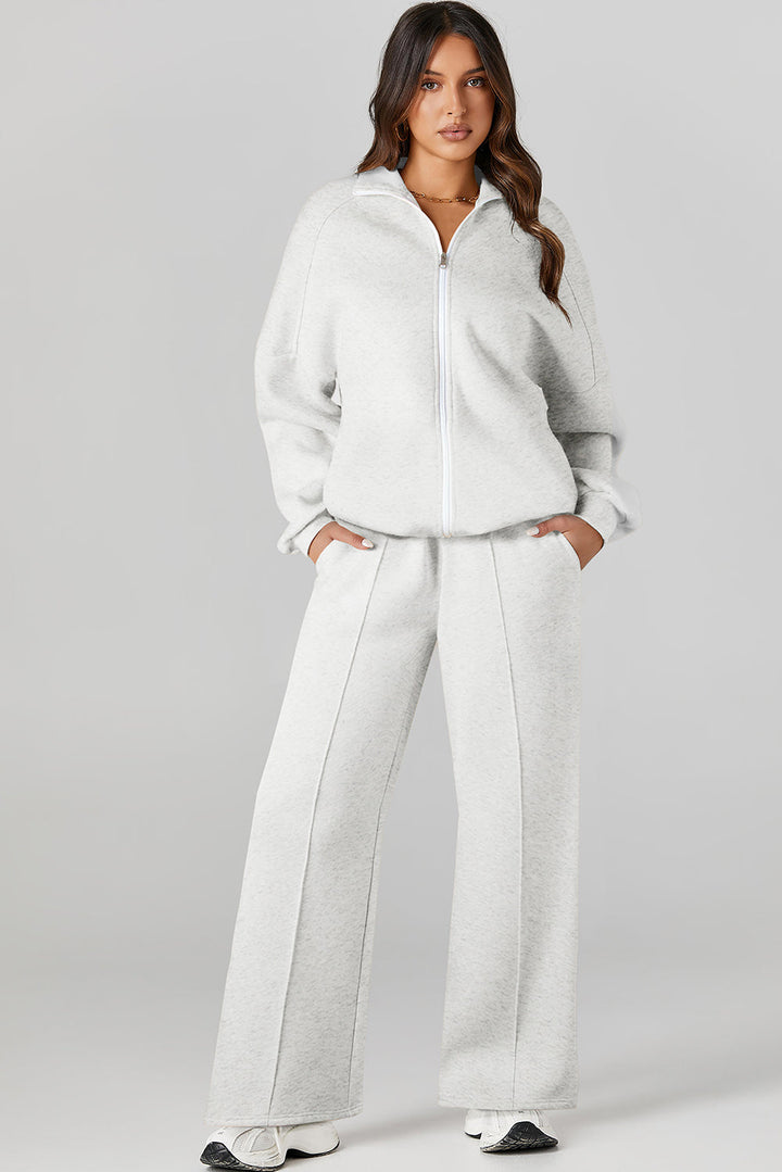 Light Grey Drop Shoulder Zip Up Jacket Drawstring Pants Active 2pcs Set Dear-Lover Dropshipping