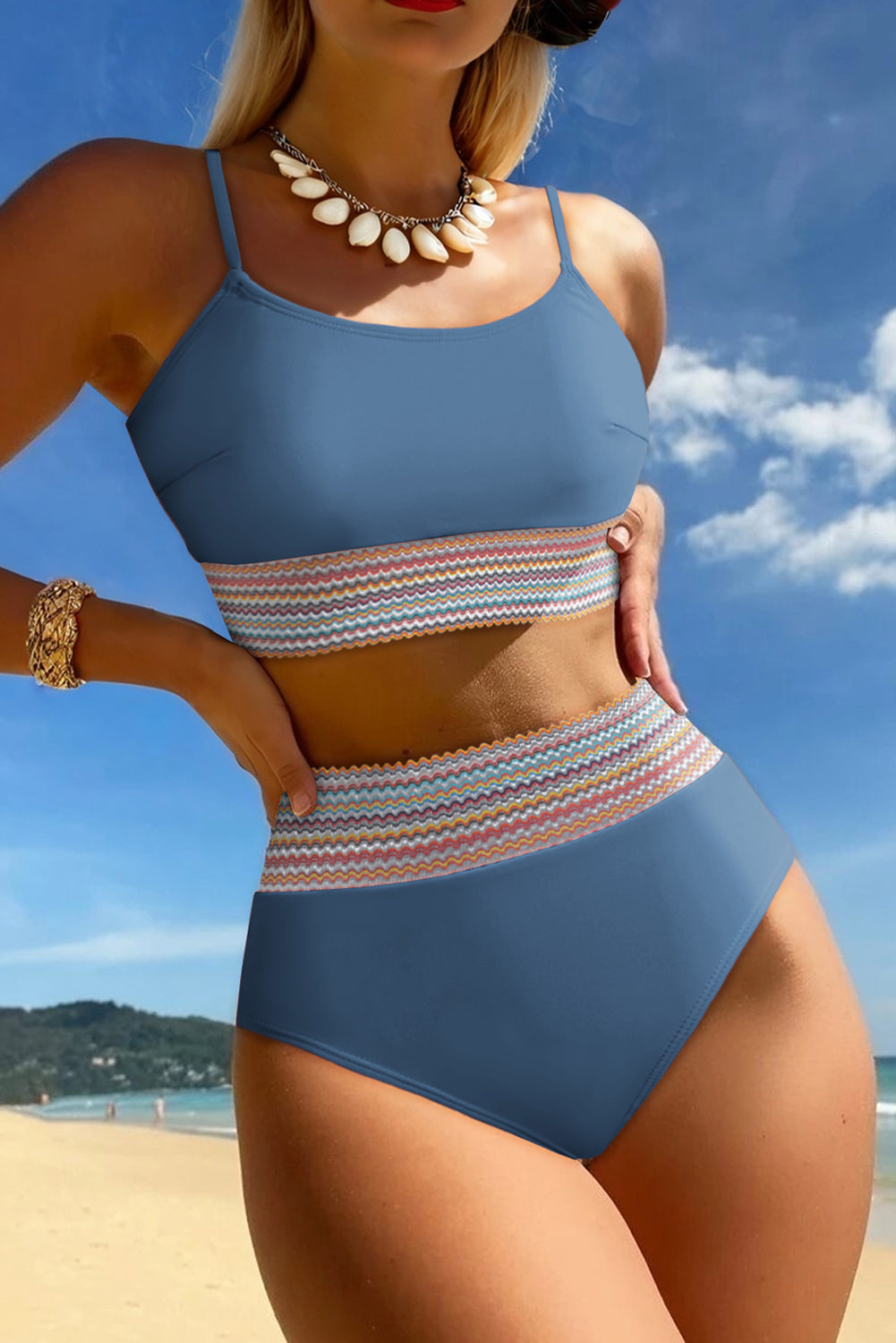 Dusk Blue Colorful Stitch Border Detail 2pcs High Waist Bikini Swimsuit Dear-Lover Dropshipping