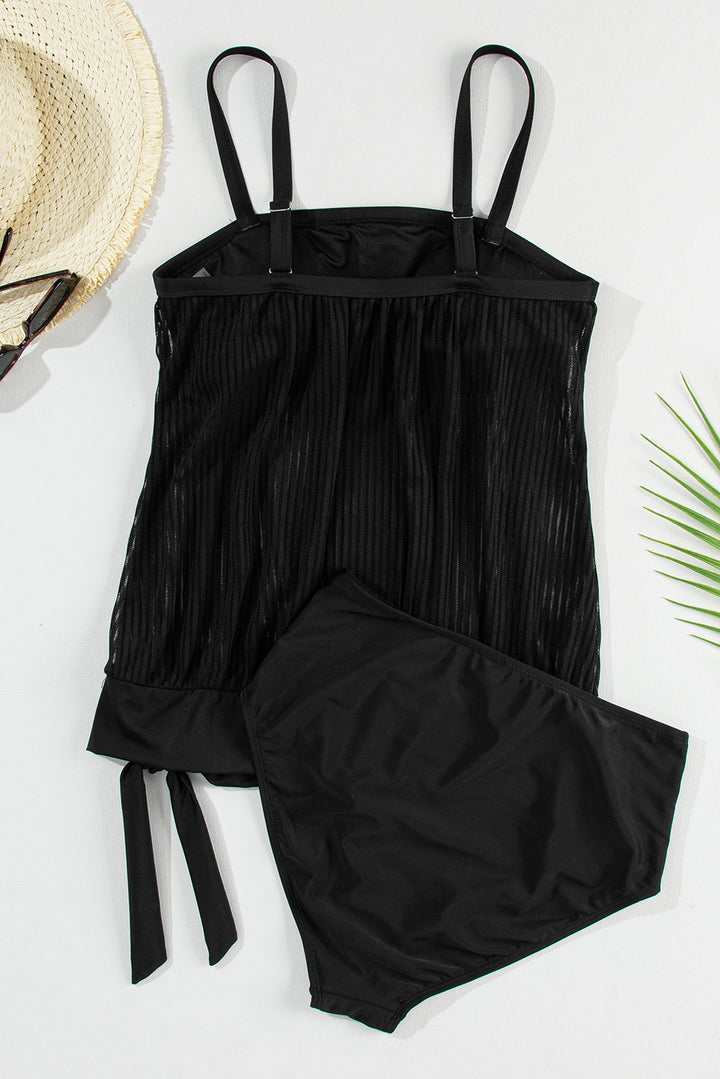 Black Striped Mesh Knotted Hem Tankini Swimsuit Dear-Lover Dropshipping