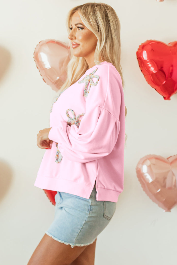 Light Pink Embroidered Bow Lantern Sleeve Oversized Pullover Sweatshirt Dear-Lover Dropshipping