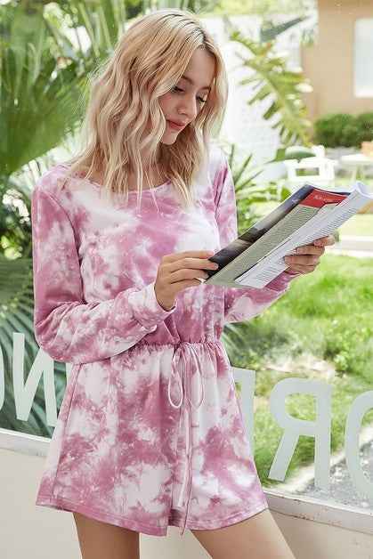 Tie Dye Round Neck Drawstring Romper