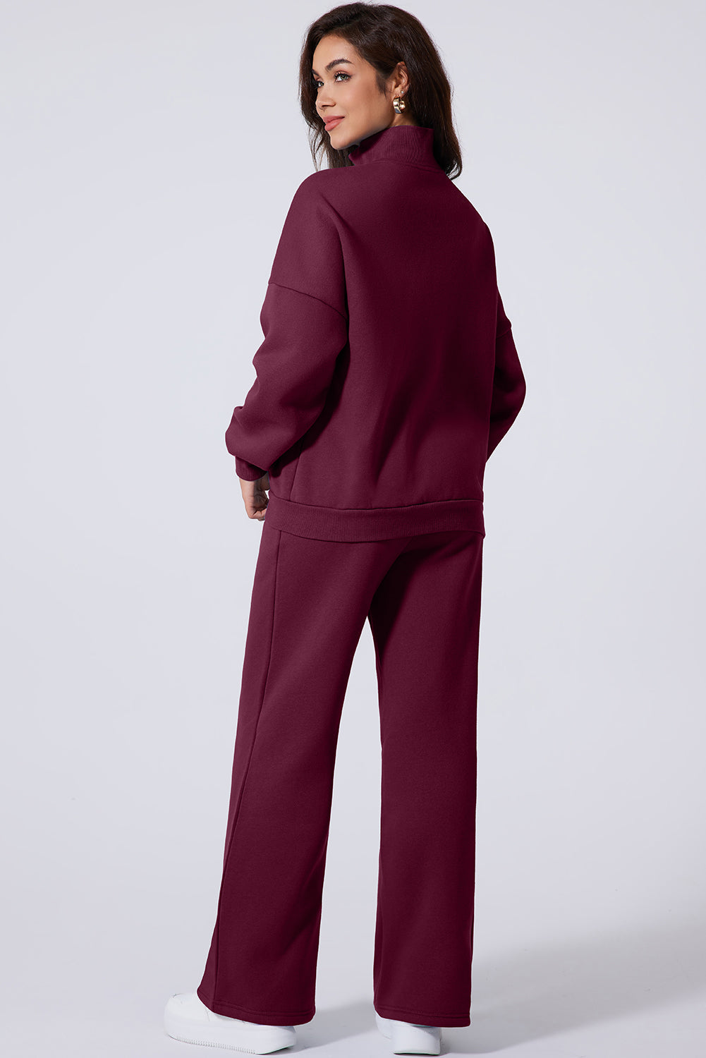 Burgundy Drop Shoulder Zip Up Jacket Drawstring Pants Active 2pcs Set Dear-Lover Dropshipping