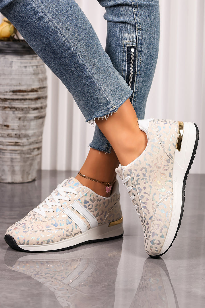 White Leopard Print Lace-Up Low-Top Sneakers with Rubber Sole Dear-Lover Dropshipping